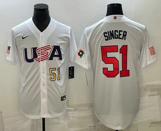 Men%27s USA Baseball #51 Brady Singer Number 2023 White World Baseball Classic Stitched Jerseys